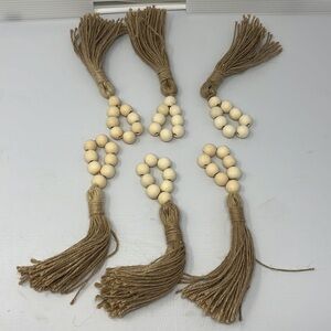 Set of 6 Napkin Rings Wooden Beads & Jute Rope Tassels Rustic Table Setting